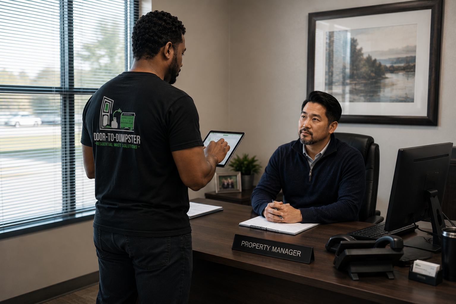 Door-To-Dumpster team member presenting compliance report to property manager